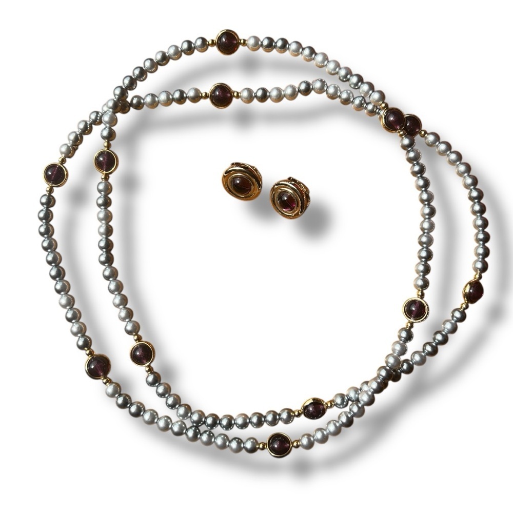 Avon Purple and Gold Beaded Gray Pearl Necklace and Clip-on Earring Set